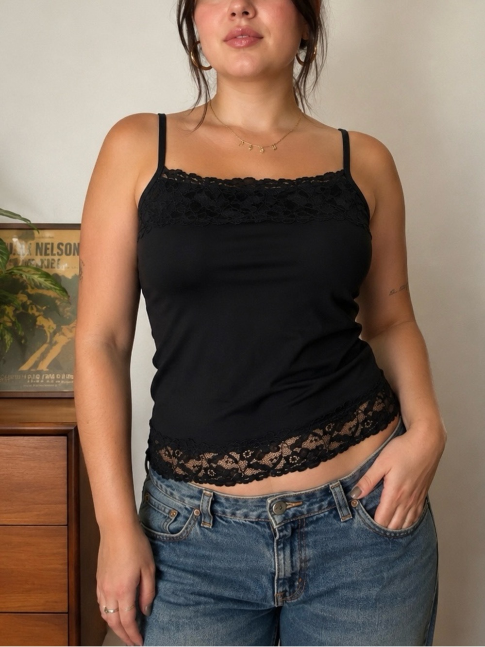 Vintage Y2K Maurices Lace Trim Cami Tank Top 2000s Classic Layering Goth